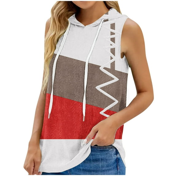 Wycnly Tank Top for Women Womens Summer Tops Plus Size Breathable Comfy Drawstring Hoodies Tank Casual Color Patchwork Sleeveless Blouses Girls Sleeveless Shirt