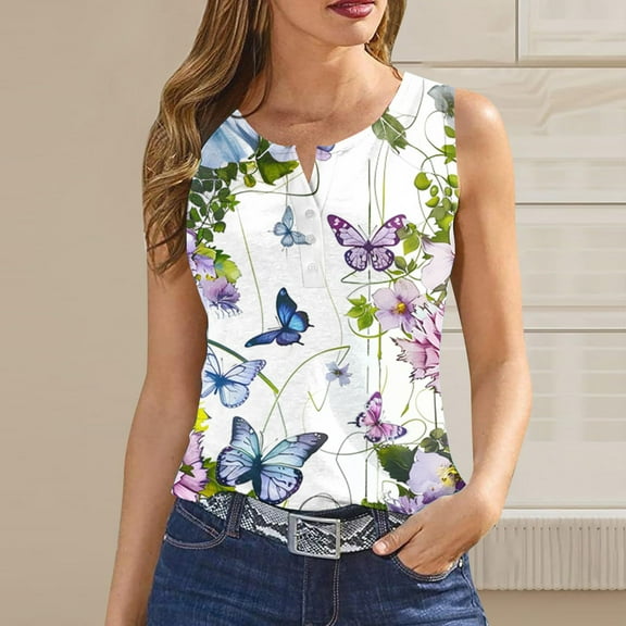Wycnly Tank Top for Women Womens Tank Tops Lightweight Comfy Henley Shirts Slim Button up Tunic 2025 Fashion Butterfly Print Sleeveless Blouses Girls Sleeveless Shirt