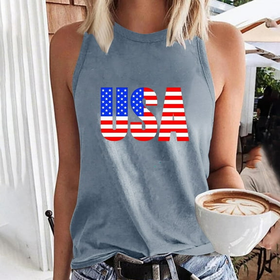 Wycnly Tank Top for Women Womens Tank Tops Loose Fit Patriotic 4th of July Tank Tops 2025 Fashion USA Letter Print Sleeveless T Shirts Girls Sleeveless Shirt