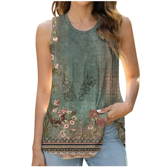 Wycnly Tank Top for Women Womens Tops Lightweight Loose Vintage Pleated Swing Tunic Tank Fashion Floral Print Sleeveless Blouses Ladies Sleeveless Shirt