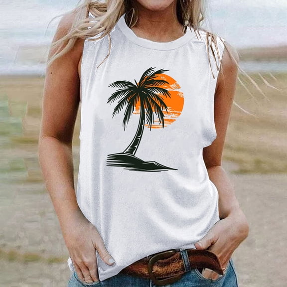 Wycnly Tank Top for Women Workout Tops Hawaiian Beach Vacation Loose Comfy Tank Tops 2025 Casual Coconut Tree Print Sleeveless Shirts Ladies Sleeveless Shirt
