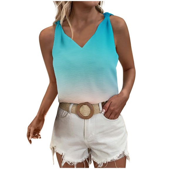 Wycnly Tank Top for Women Gradient Summer V-Neck Sleeveless T Shirts Loose Fashion Tie-Knotted Strap Vest Blouses Blue xl Under $5