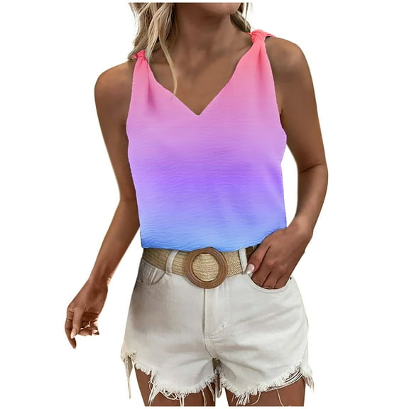 Wycnly Tank Top for Women Gradient Summer V-Neck Sleeveless T Shirts Loose Fashion Tie-Knotted Strap Vest Blouses Multicolor s Under $5