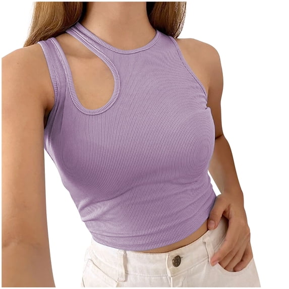 Wycnly Tank Top for Women Plain Summer Crewneck Sleeveless T Shirts Sexy Hollowed Solid Knitted Ribbed Slim Fit Blouse Vest Purple l Under $5