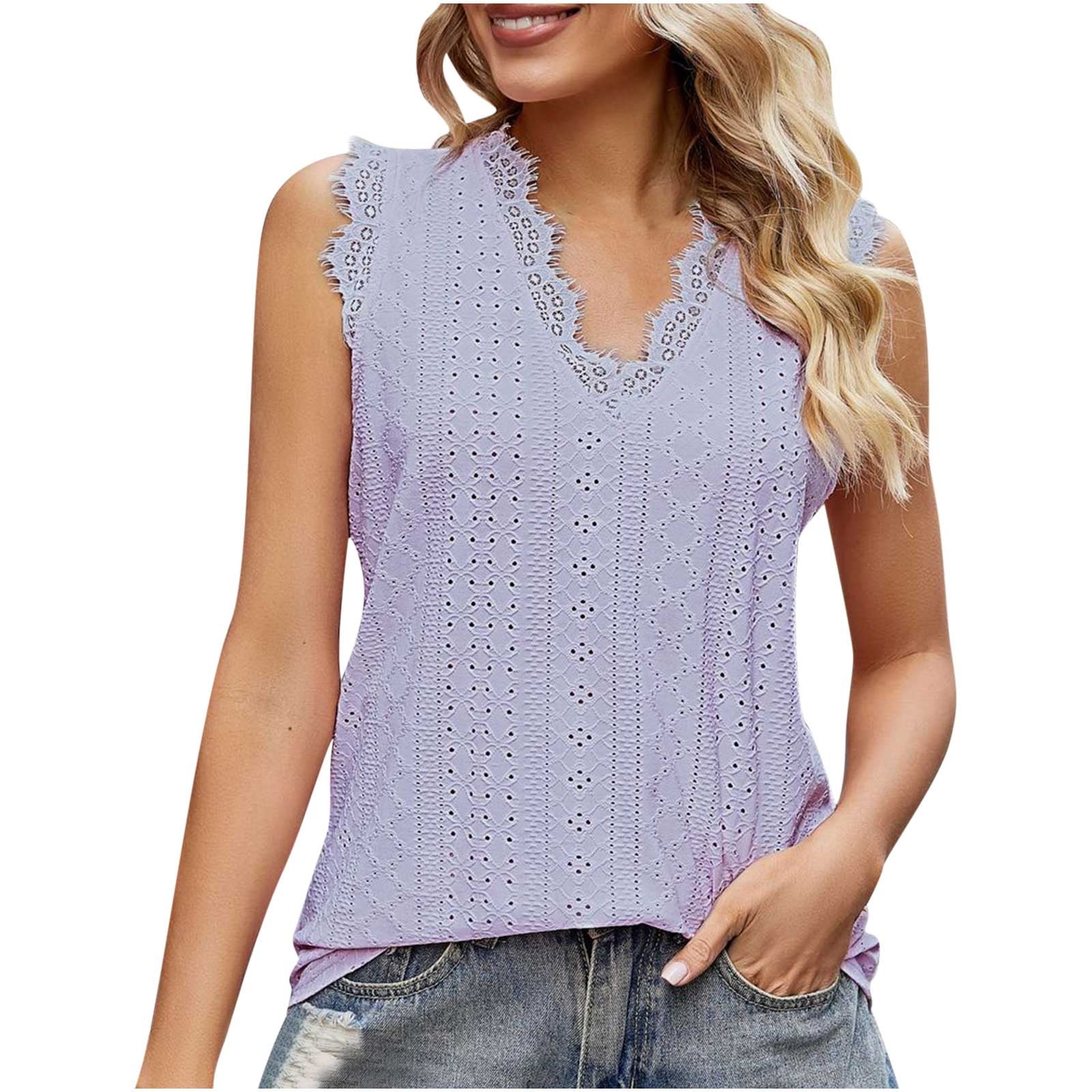 Wycnly Tank Top for Women Solid Summer V-Neck Sleeveless T Shirts Sexy Lace  Hollowed Loose Going Out Vest Blouses Purple m Clearance Under $5