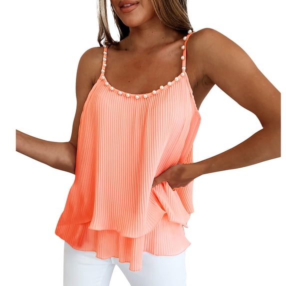 Wycnly Tank Top for Women Solid V-Neck Sleeveless T Shirts Loose Casual Knitted Ruffle Layer Camisole Blouses Pink M Clearance Clothes