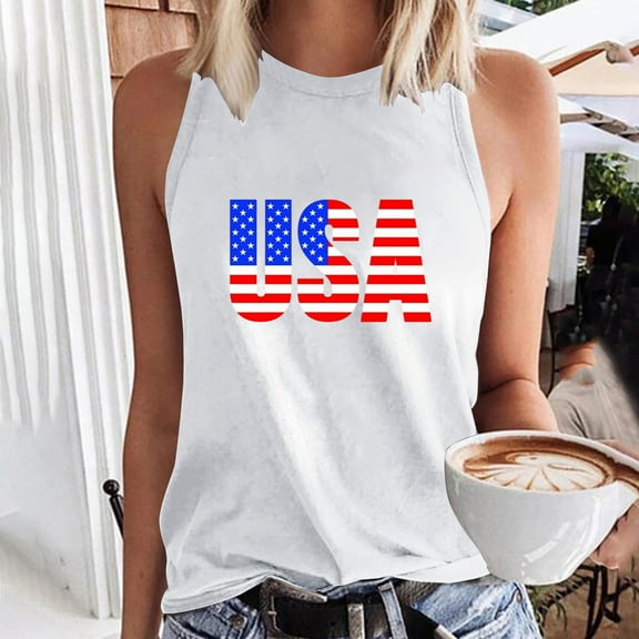 Wycnly Tank Top for Women Summer Tops Loose Fit Patriotic 4th of July Tank Tops Casual USA Letter Print Sleeveless T Shirts Ladies Sleeveless Shirt