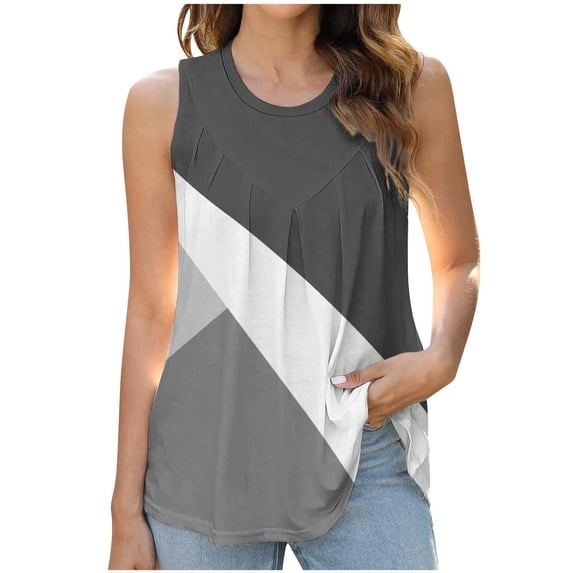 Wycnly Tank Top for Women Tank Top Lightweight Loose Fit Pleated Hem Tunic Blouses Fashion Color Patchwork Sleeveless Shirts Ladies Sleeveless Shirt