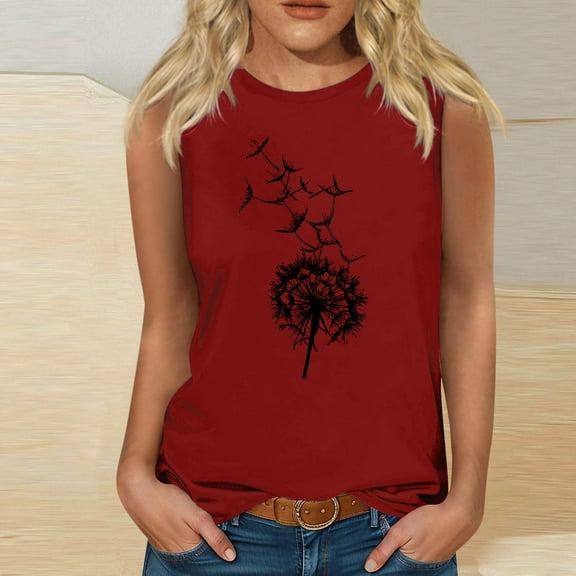 Wycnly Tank Top for Women Tank Top Loose Fit Breathable Workout Tank Tops Tees 2025 Casual Dandelion Print Sleeveless Blouses Girls Sleeveless Shirt