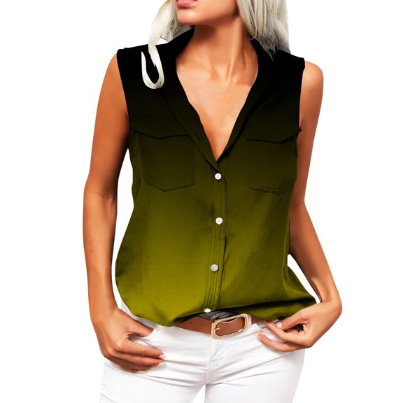 Wycnly Tank Top for Women Tank Top Summer Button Down Loose Shirts Vest with Pocket Fashion Gradient Print Sleeveless Shirts Girls Sleeveless Shirt