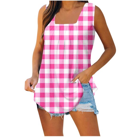 Wycnly Tank Top for Women Tank Tops Loose Comfy Breathable Pleated Swing Tank Blouses Fashion Plaid Print Sleeveless Shirts Ladies Sleeveless Shirt