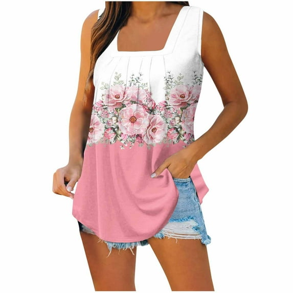 Wycnly Tank Top for Women Tank Tops Pleated Loose Swing Comfy Lightweight Tank Blouses Trendy Floral Print Sleeveless Top Girls Sleeveless Shirt