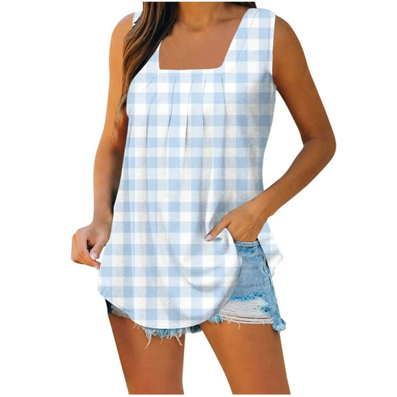 Wycnly Tank Top for Women White Tank Top Loose Comfy Breathable Pleated Swing Tank Blouses Fashion Plaid Print Sleeveless Tees Girls Sleeveless Shirt