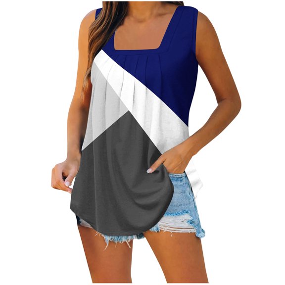 Wycnly Tank Top for Women Womens Workout Tops Loose Fit Lightweight Pleated Tunic Blouses Cute Color Block Sleeveless Blouses Ladies Sleeveless Shirt