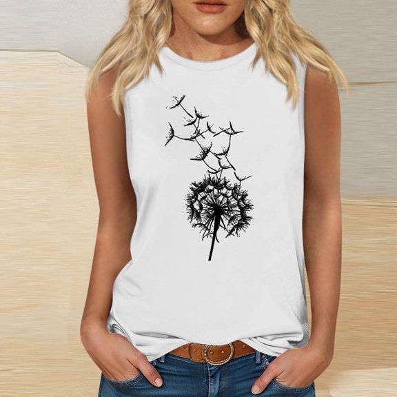 Wycnly Tank Top for Women Workout Tops Loose Fit Breathable Workout Tank Tops Tees Cute Dandelion Print Sleeveless T Shirts Girls Sleeveless Shirt