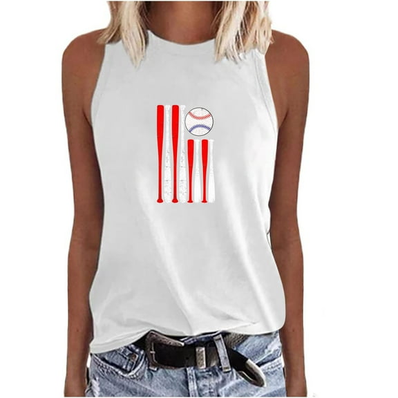 Wycnly Tank Tops Baseball Bat Graphics Crewneck Sleeveless T Shirts for Women Casual Loose Fit Racerback Tank Tops Blouses White XL Clothes
