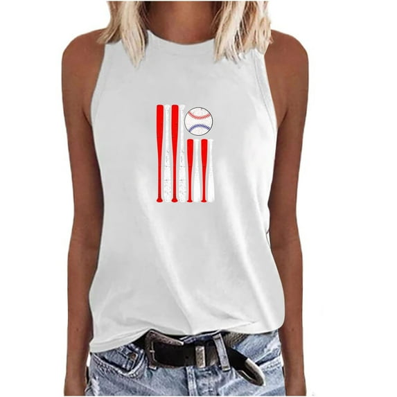 Wycnly Tank Tops Baseball Bat Graphics Crewneck Sleeveless T Shirts for Women Casual Loose Fit Racerback Tank Tops Blouses White XL Clothes