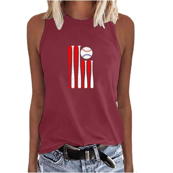 Wycnly Tank Tops Baseball Bat Graphics Crewneck Sleeveless T Shirts for Women Casual Loose Fit Racerback Tank Tops Blouses Wine XXL Clothes