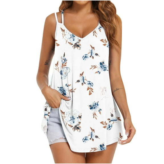 Wycnly Tank Tops Floral V-Neck Sleeveless T Shirts for Women Summer Sexy Spaghetti Strap Swing Camisole Tank Blouses Light Blue M Clothes