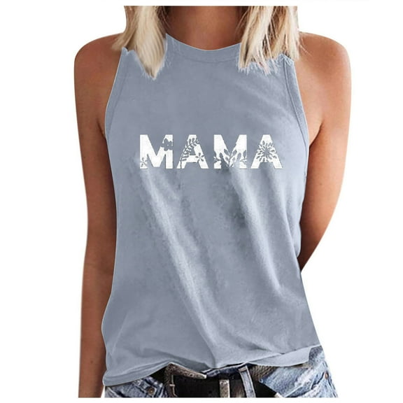 Wycnly Tank Tops Mama Letter Print Round Neck Sleeveless T Shirts for Women Mother's Day Loose Fit Cute Breathable Racerback Tank Blouses Gray M Clothes