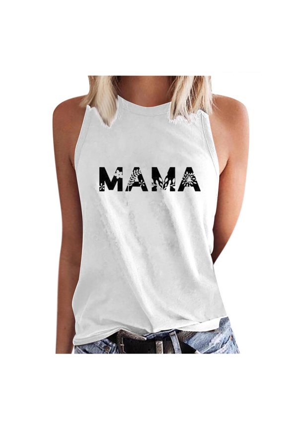 Tank Tops Mama Letter Print Round Neck Sleeveless T Shirts for Women Mother's Day Loose Fit Cute Breathable Racerback Tank Blouses White S Clothes
