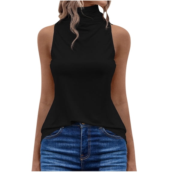 Wycnly Tank Tops Solid Half High Neck Sleeveless T Shirts for Women Casual Basic Ruched Tunic Vest Blouses Black M Clearance Clothes