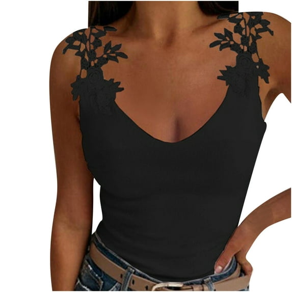 Wycnly Tank Tops Solid V-Neck Sleeveless T Shirts for Women Sexy Slim Fit Going Out Lace Trim Strap Vest Blouses Black XL Clothes
