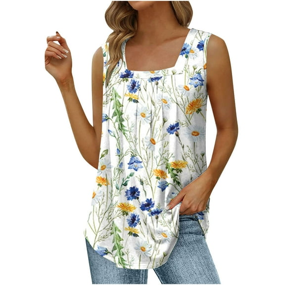 Wycnly Tank Tops for Women Breathable Loose Pleated Swing Pullover Tunic Tee Tops Summer Flowers Print Square Neck Sleeveless Shirts Fashion Blouses Blue l