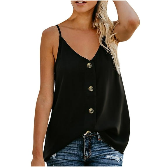 Wycnly Tank Tops for Women Casual Button Down Loose Fit Spaghetti Strap Tops Camisole Tank Summer Solid V-Neck Sleeveless Shirts Fashion Blouses Black XXXL