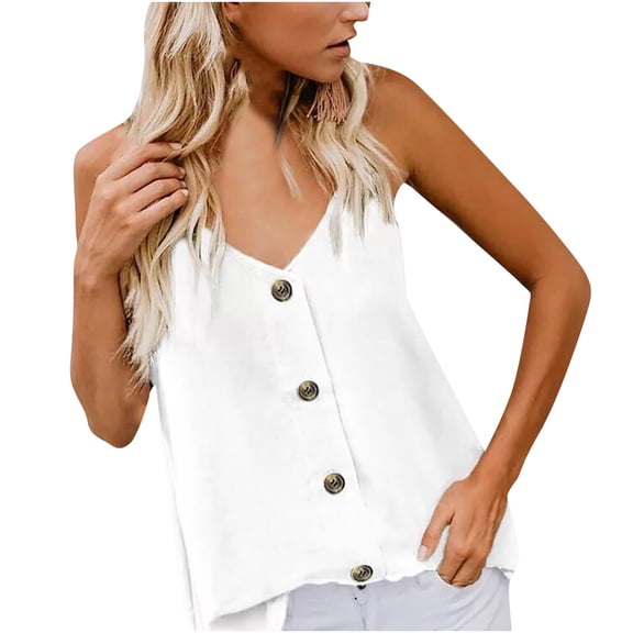 Wycnly Tank Tops for Women Casual Button Down Loose Fit Spaghetti Strap Tops Camisole Tank Summer Solid V-Neck Sleeveless Shirts Fashion Blouses White s