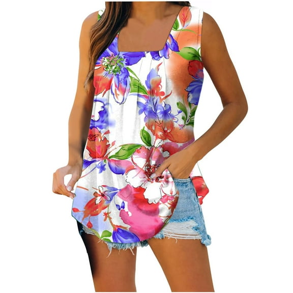 Wycnly Tank Tops for Women Casual Loose Pleated Swing Tank Tops Breathable Comfy Tunic Vest Summer Floral Print Square Neck Sleeveless Shirts Fashion Blouses Red m