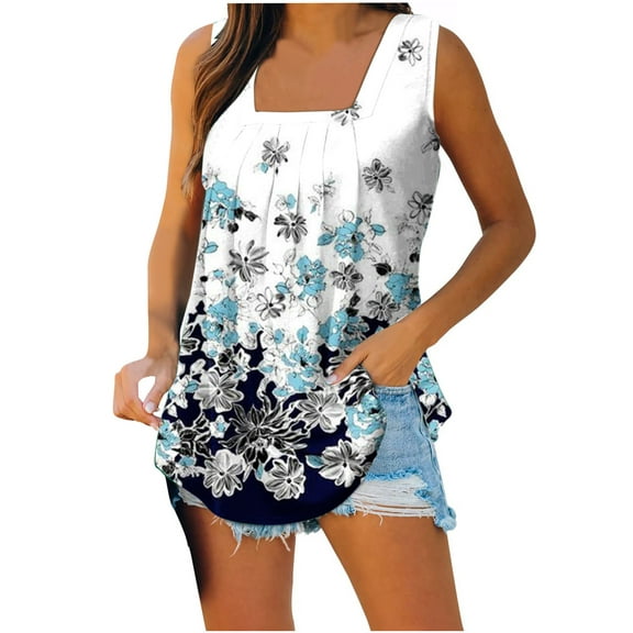 Wycnly Tank Tops for Women Casual Loose Pleated Swing Tank Tops Breathable Comfy Tunic Vest Summer Floral Print Square Neck Sleeveless Shirts Fashion Blouses Navy m