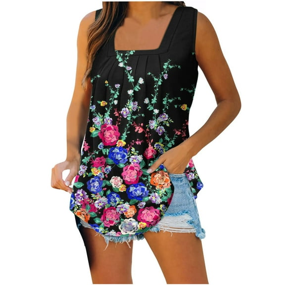 Wycnly Tank Tops for Women Casual Loose Pleated Swing Tank Tops Breathable Comfy Tunic Vest Summer Floral Print Square Neck Sleeveless Shirts Fashion Blouses Pink XXL