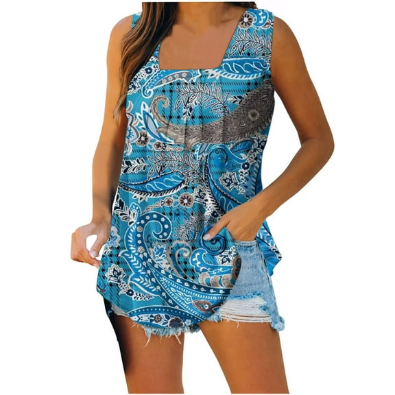 Wycnly Tank Tops for Women Casual Loose Pleated Swing Tank Tops Breathable Comfy Tunic Vest Summer Floral Print Square Neck Sleeveless Shirts Fashion Blouses Blue XL