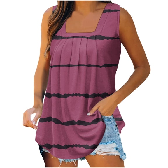 Wycnly Tank Tops for Women Lightweight Comfy Loose Pleated Swing Trendy Tunic Tank Tops Summer Striped Print Square Neck Sleeveless Shirts Fashion Blouses Hot Pink s