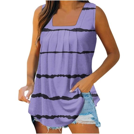 Wycnly Tank Tops for Women Lightweight Comfy Loose Pleated Swing Trendy Tunic Tank Tops Summer Striped Print Square Neck Sleeveless Shirts Fashion Blouses Purple m
