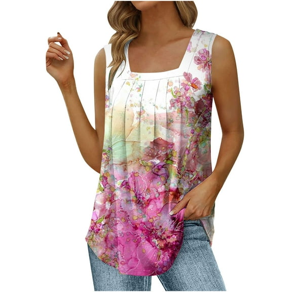 Wycnly Tank Tops for Women Lightweight Loose Fit Pleated Swing Tunic Tops Summer Floral Print Square Neck Sleeveless Shirts Fashion Blouses Hot Pink XL