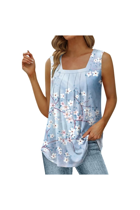 Tank Tops for Women Lightweight Loose Fit Pleated Swing Tunic Tops Summer Floral Print Square Neck Sleeveless Shirts Fashion Blouses Light Blue m