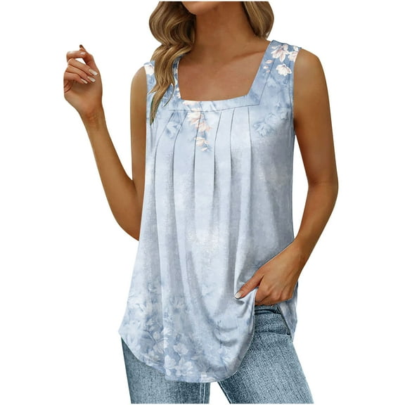 Wycnly Tank Tops for Women Loose Pleated Swing Lightweight Tunic Vest Tops Summer Floral Print Square Neck Sleeveless Shirts Fashion Blouses Light Blue s