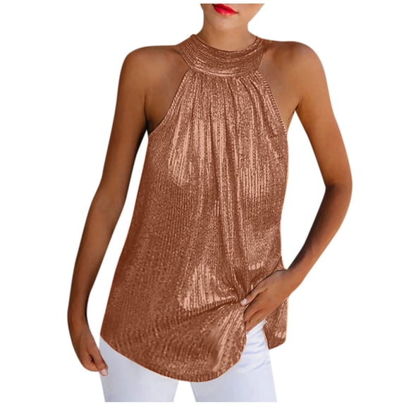 Wycnly Tank Tops for Women Party Club Sexy off Shoulder Sequin Pleated Swing Vest Tops Summer Solid Halter Sleeveless Shirts Fashion Blouses Coffee XL