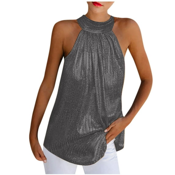 Wycnly Tank Tops for Women Party Club Sexy off Shoulder Sequin Pleated Swing Vest Tops Summer Solid Halter Sleeveless Shirts Fashion Blouses Dark Gray XL