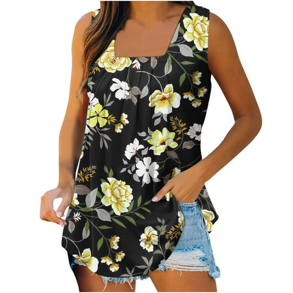 Wycnly Tank Tops for Women Trendy Pleated Swing Breathable Comfy Tunic Tank Tops Summer Flowers Print Square Neck Sleeveless Shirts Fashion Blouses Black XXL