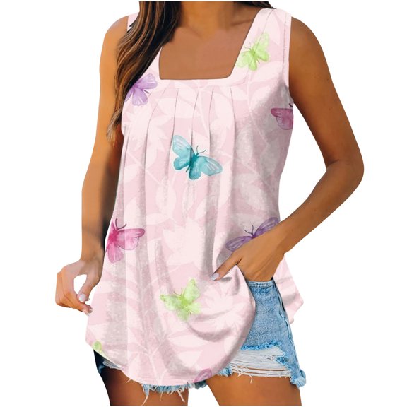 Wycnly Tank Tops for Women Trendy Pleated Swing Breathable Comfy Tunic Tank Tops Summer Flowers Print Square Neck Sleeveless Shirts Fashion Blouses Pink s