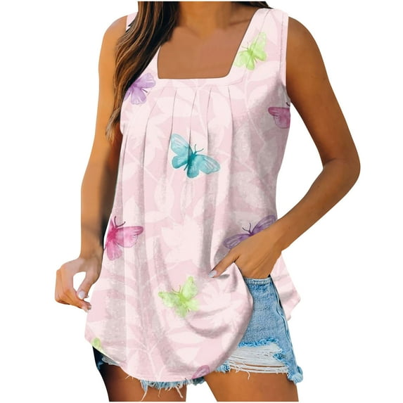 Wycnly Tank Tops for Women Trendy Pleated Swing Breathable Comfy Tunic Tank Tops Summer Flowers Print Square Neck Sleeveless Shirts Fashion Blouses Pink m