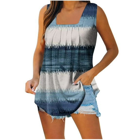 Wycnly Tank Tops for Women Vintage Western Graphics Pleated Swing Tunic Tank Tops Summer Geometric Print Square Neck Sleeveless Shirts Fashion Blouses Navy XL