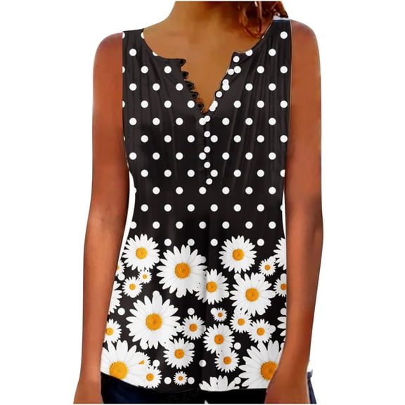 Wycnly Tank Tops for Women Casual Pleated Lightweight Button Tunic Vest Tops Summer Marbled Print V-Neck Sleeveless Shirts Fashion Blouses Black s
