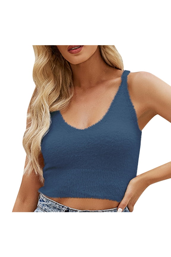 Tank Tops for Women Cozy Fluffy Slim Fit Vest Going out Cropped Tops Summer Solid V-Neck Sleeveless Shirts Fashion Blouses Blue l