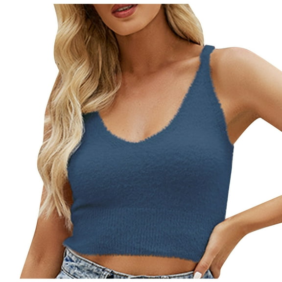 Wycnly Tank Tops for Women Cozy Fluffy Slim Fit Vest Going out Cropped Tops Summer Solid V-Neck Sleeveless Shirts Fashion Blouses Blue m