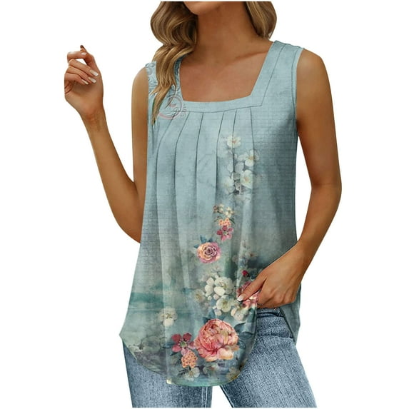 Wycnly Tank Tops for Women Lightweight Loose Fit Pleated Swing Tunic Tops Summer Floral Print Square Neck Sleeveless Shirts Fashion Blouses Green m