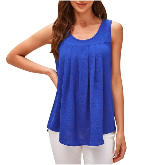 Wycnly Tank Tops for Women Loose Casual Solid Pleated Swing Tunic Tank Tops Summer Plain Crewneck Sleeveless Shirts Fashion Blouses Blue s